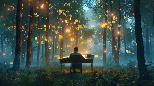 Inspiration in the woods. Man writing at desk in magical woods at night, surrounded by floating papers and glowing lights, concept of creativity, inspiration