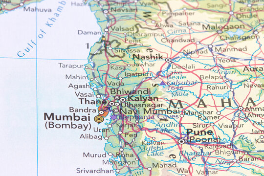 Mumbai or Bombay, city in India on the map - Mumbai, India.