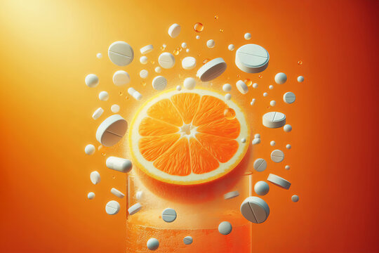 Digital art featuring one or two orange and white pills floating with effervescent bubbles in vibrant orange background and juice. Ideal for medical, wellness, and dynamic graphic designs.