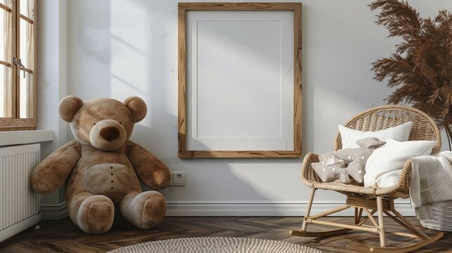 A teddy bear is sitting in front of a white wall with a wooden frame. The room is empty and has a simple, minimalistic design