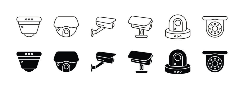 Outline and field surveillance cctv camera icon set