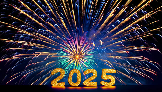 A fireworks banner with the lettering "2025"