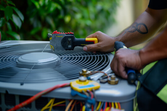 Close up photo of an air conditioner technician working on an outdoor unit