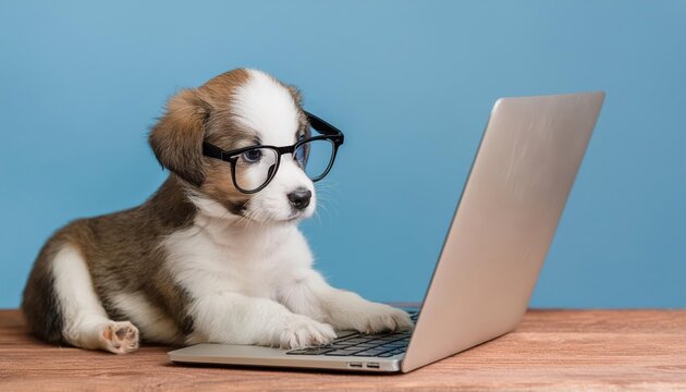 A puppy wearing glasses conducting business with a laptop , generated by AI. High quality photo