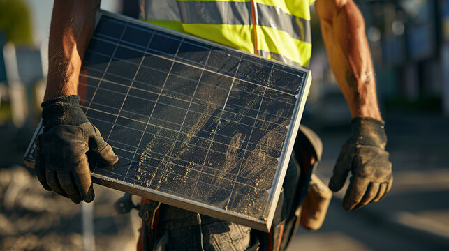  a man worker carrying a solar panel for installation, focused look, sunburnt skin, reflective vest, detailed gloves, vivid colors, high-definition textures, outdoor background, intricate solar panel 