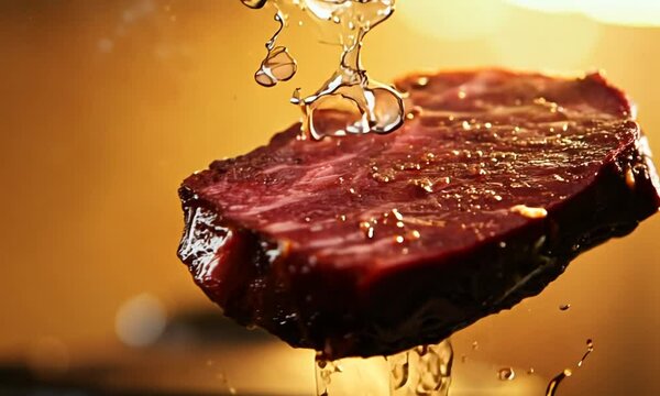 Close-up of falling tasty beef steak in kitchen, super slow motion, camera movement, filmed on high speed cinematic camera at 1000 fps