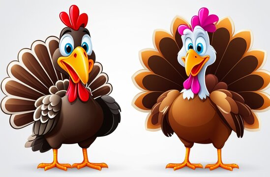 Funny turkey icons set cartoon vector. Cartoon character turkey bird. Happy thanksgiving day. Illustration style. White plain background