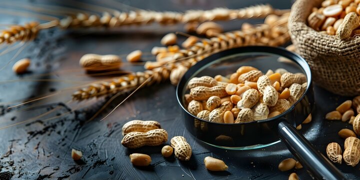 Closeup of peanuts and wheat under magnifying glass for allergy inspection. Concept Allergy Inspection, Closeup Photography, Food Allergens, Magnifying Glass Analysis, Nut Sensitivity