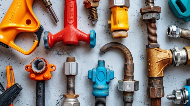 Comprehensive flat lay featuring a plumber's snake plumber's tape and various pipe couplings and elbows Stock Photo with copy space