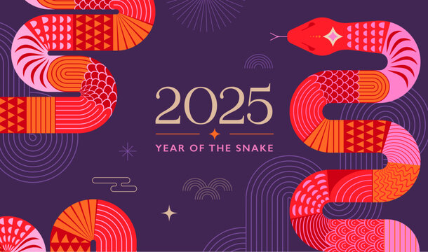 Chinese new year 2025 year of the Snake. Red Snake illustration and design. Red traditional Chinese vector designs with snakes. Lunar new year concept, geometric modern design