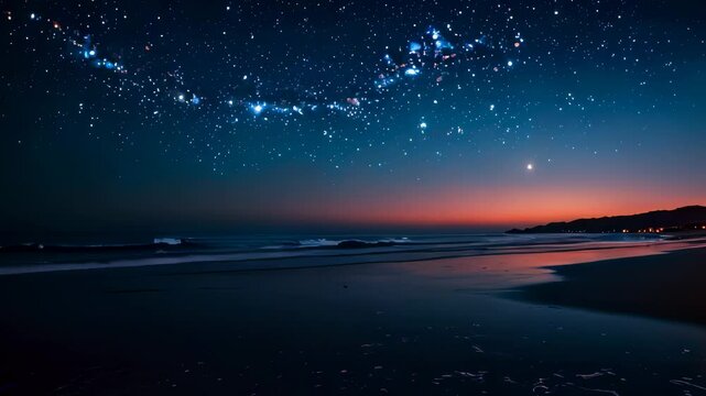 Video animation of night sky filled with stars over a tranquil beach. The horizon, where the sky meets the sea