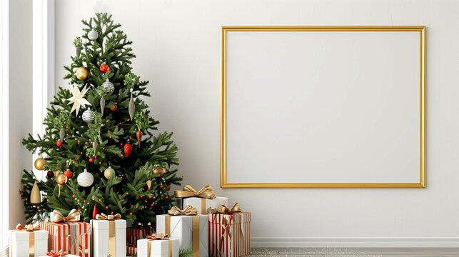 Mockup of the frame on the wall. A Christmas room with a Christmas tree and gifts. A mockup for congratulations or photos in light shades with gold accents.