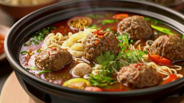 chicken noodle meatball or mie ayam bakso. popular street food in Indonesia