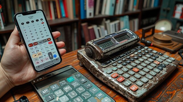 Entrepreneur using a vintage adding machine alongside a contemporary calculator app on a smartphone, highlighting the progression of accounting tools over time realistic photo, high resolution ,