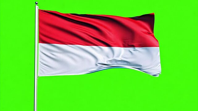 Indonesia national flag waving in the wind in slow motion against a chroma key green screen.