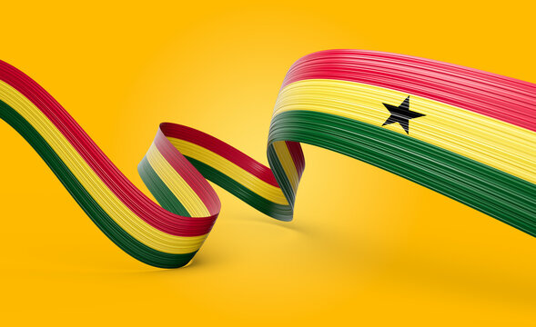 3d Flag Of Ghana 3d Wavy Shiny Ghana Twisted Ribbon Flag Isolated On yellow Background 3d Illustration