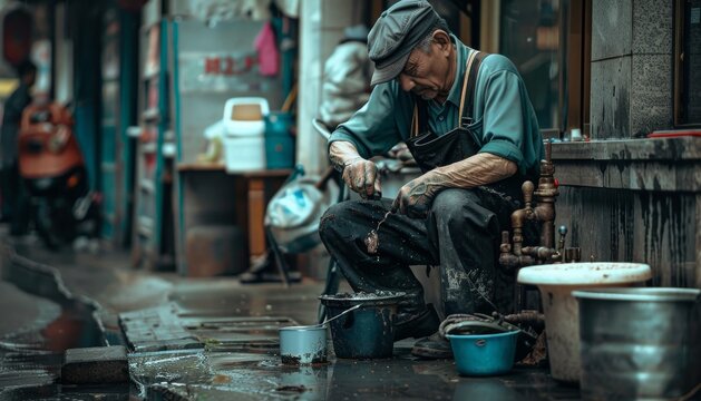 An ultra sharp photo of a plumber engaged in his work, showcasing his expertise and skill with