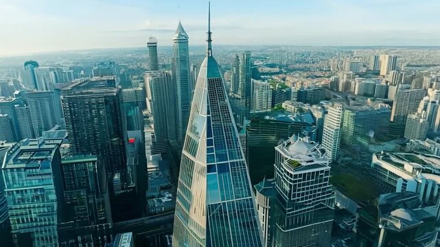 Drone soaring above contemporary city