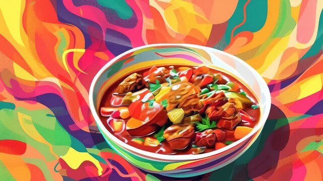 A vibrant traditional Chinese stew is showcased in a white bowl, filled with rich chunks of meat and vegetables in a red sauce. Bright, colorful swirls form the background, making the dish look even