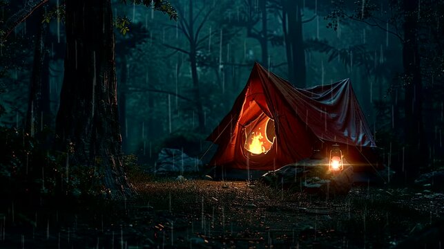 A red camping tent, in a dark night forest with campfire. seamless looping time-lapse virtual 4k video animation background