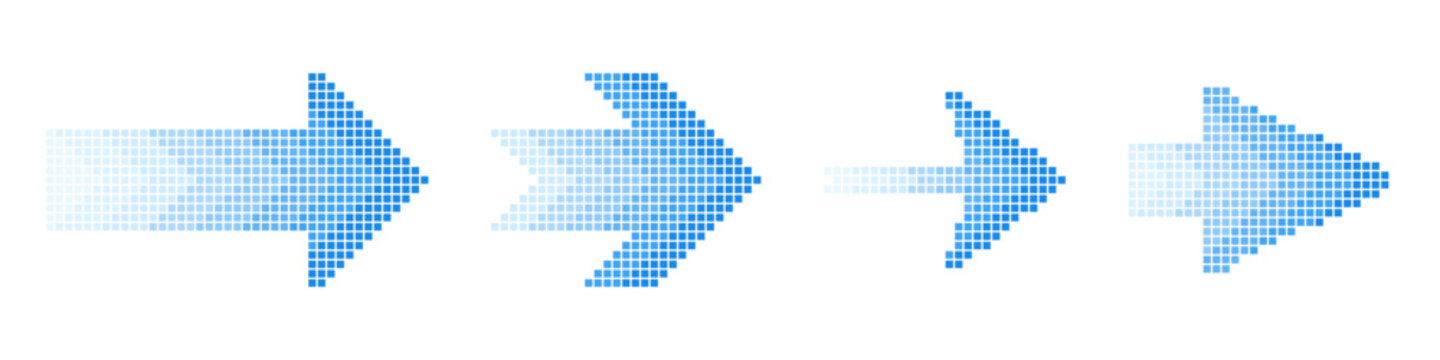 Halftone pixel blue arrow set. Colorful pixel gradient cursor design collection