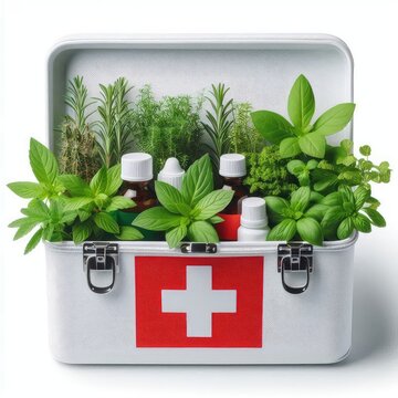 Fresh medicinal herbs in first aid kit isolated on a white background 