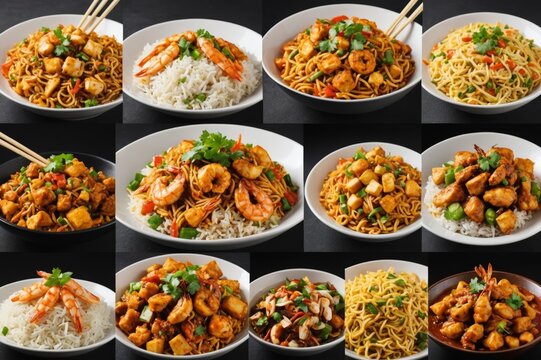 Food collage. Indian chinese cuisine dishes set. Schezwan Noodles, Fried Rice, Chicken, Prawns and Paneer. Indian Food. Asian Dishes Photo Collage