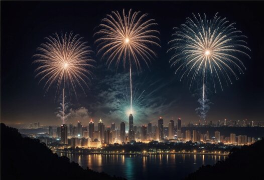 diwali fireworks are seen from a city skyline with a city in the background at night