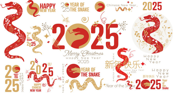 Happy Chinese New Year beautiful modern logo set. 2025 Year of the Snake.