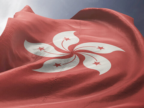 Waving Flag of Hong Kong in Blue Sky. Hong Kong Flag on pole for Independence day. The symbol of the state on wavy fabric.