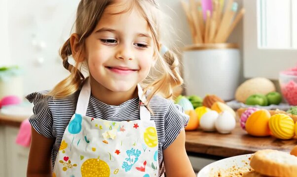 Cute little girl with easter eggs in the kitchen at home