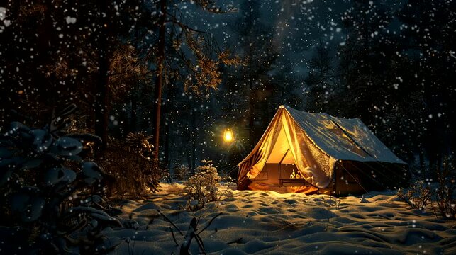 A camping tent  in a dark night snow forest with campfire. seamless looping time-lapse virtual 4k video animation background