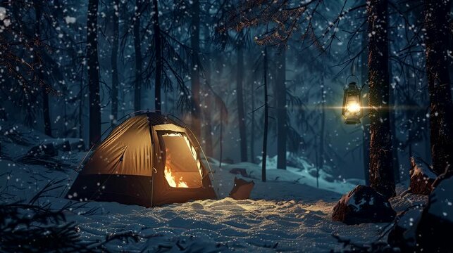 A camping tent  in a dark night snow forest with campfire. seamless looping time-lapse virtual 4k video animation background