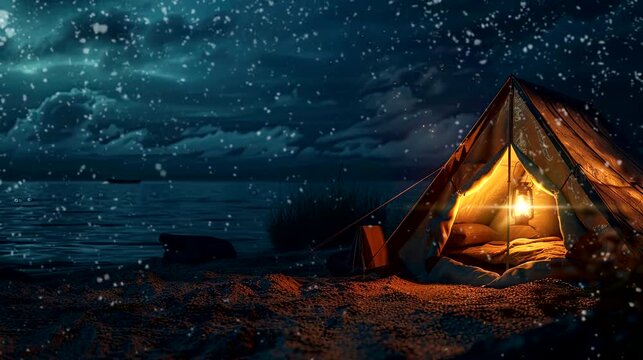 A camping tent  in a dark night snow beach with campfire. seamless looping time-lapse virtual 4k video animation background