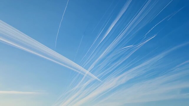 Timelapse footage of a vast network of jet contrails spreading and merging across the sky.