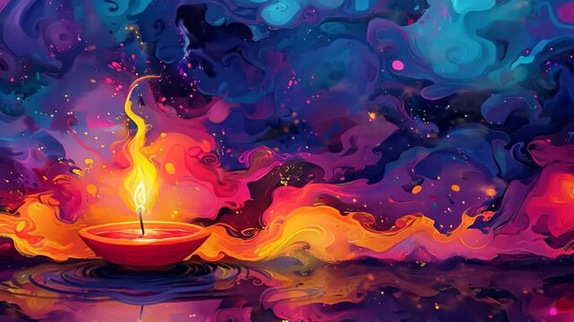 Animation of burning lit diya traditional oil lamp on colorful abstract rangoli background. Deepavali, Diwali. Hindu festival of lights