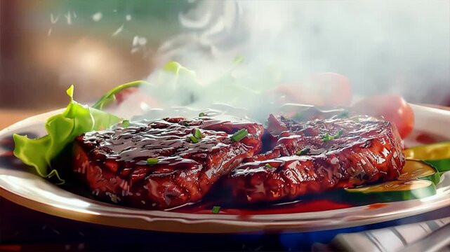 Sizzling grilled beef steak with assorted roasted vegetables on white plate