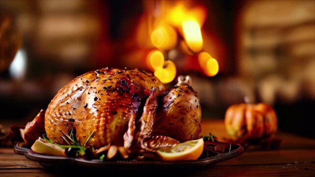 Roasted turkey for Thanksgiving day traditional family dinner on wooden table with fireplace flames at the background