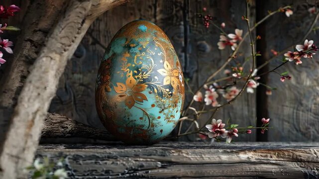 Enchanted floral easter egg on rustic wooden background