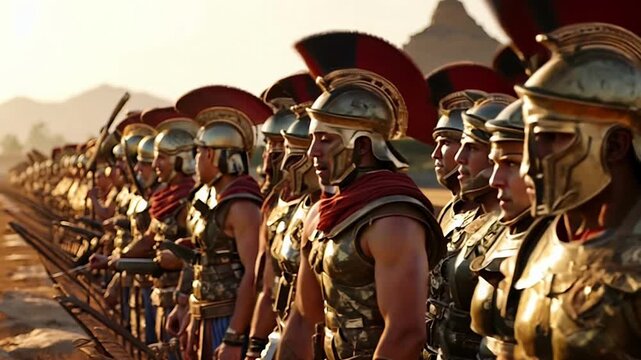 A group of soldiers in full battle gear stand in a line. The soldiers are all wearing helmets and red cloaks. The soldiers are lined up in a row, with some of them standing closer together than others