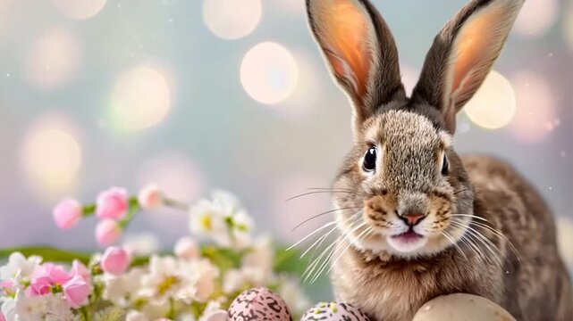 Easter Bunny with chocolate easter eggs on pastel wall background.