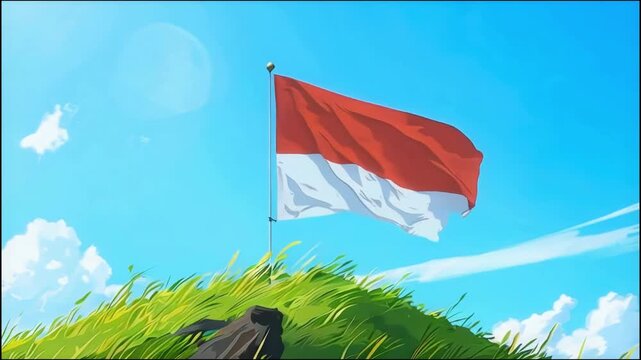 animation of Indonesian flag fluttering in the wind on the hill