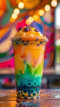 Delicious Colorful Boba Tea in a Plastic Cup