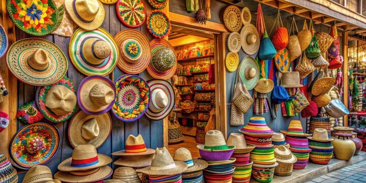 Traditional souvenir shop with colorful handmade crafts, straw hats