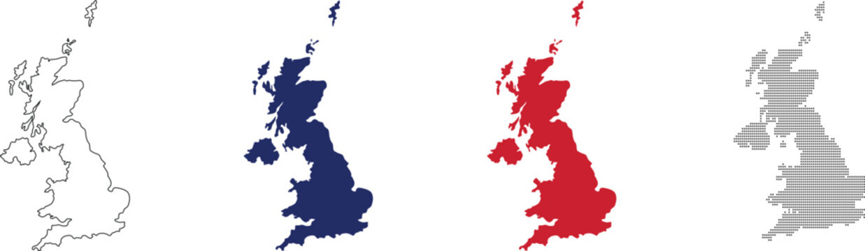 united kingdom map vector in various style outline, blue, red, dotted.