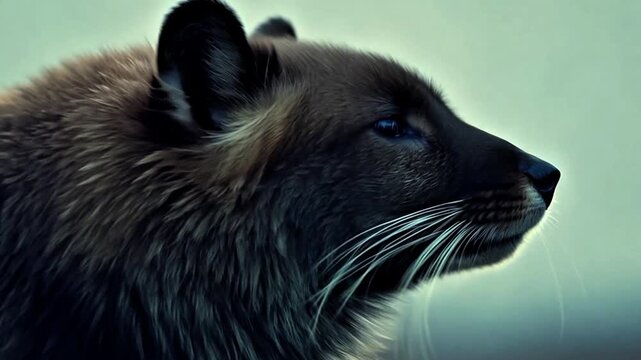 close-up of a raccoon with long white whiskers and black fur footage