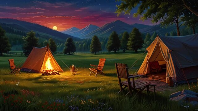 campfire and camping tent with mountains in the background at night. seamless looping virtual 4K video