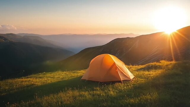 tourist tent camping in mountains at sunset