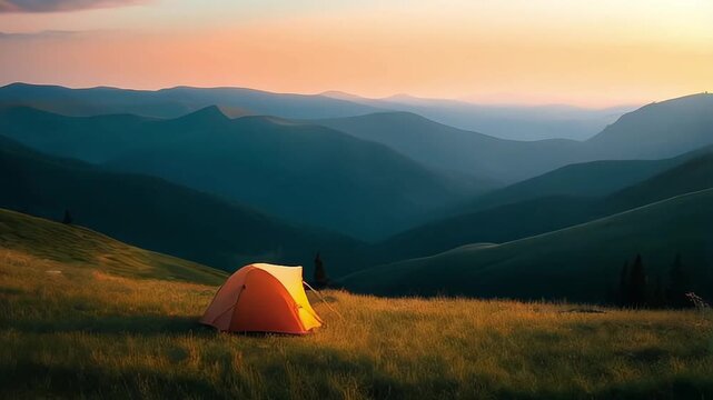 tourist tent camping in mountains at sunset