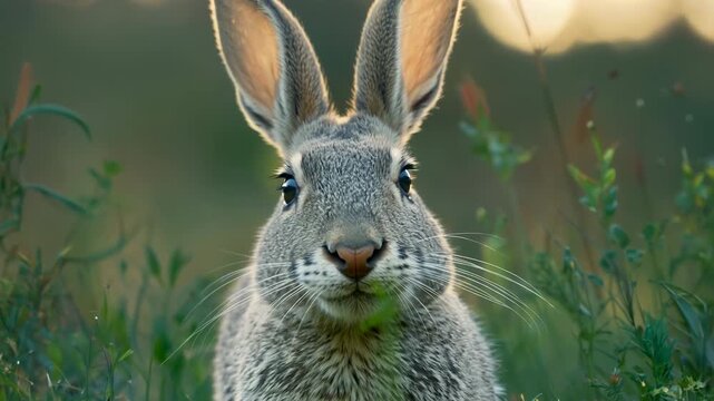 Close up portrait of a fluffy gray rabbit in lush meadow. Furry Easter bunny sitting in a verdant green field, staring directly at camera. Wild rodent rabbit grazing at sunset in natural habitat.